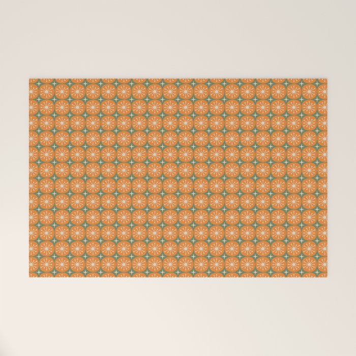 Mid Century Modern Atomic Dots and Stars Retro Pattern in Mossy Sage Olive Green Orange Beige Small Welcome Mat Gallery Image 1