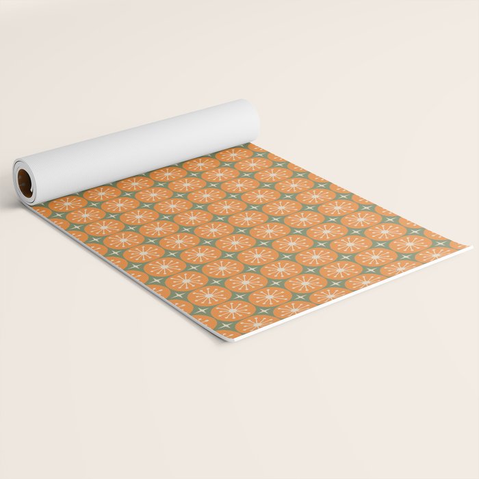 Mid Century Modern Atomic Dots and Stars Retro Pattern in Mossy Sage Olive Green Orange Beige Small Yoga Mat Gallery Image 2