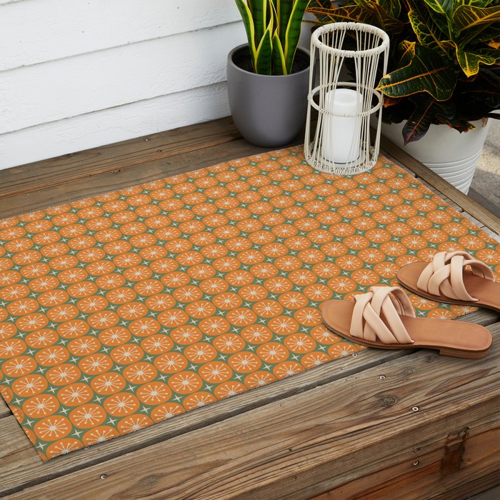 Mid Century Modern Atomic Dots and Stars Retro Pattern in Mossy Sage Olive Green Orange Beige Small Outdoor Rug Gallery Image 2