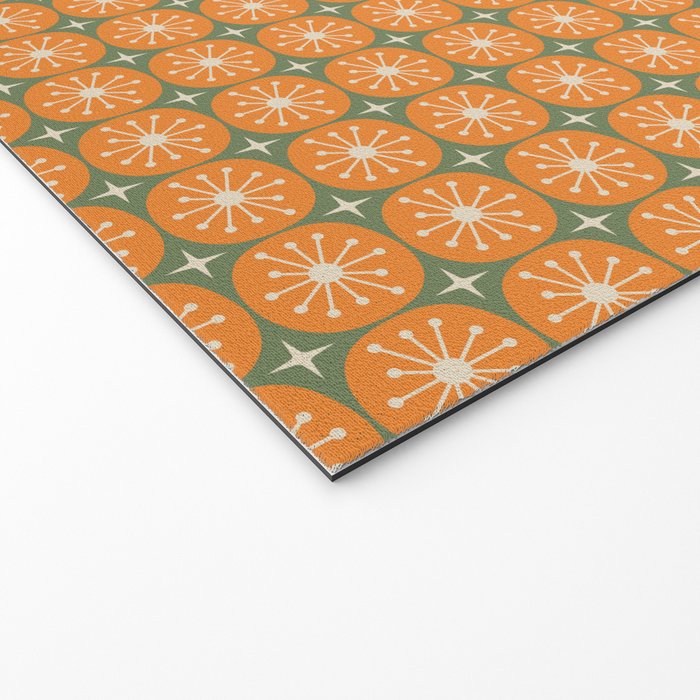 Mid Century Modern Atomic Dots and Stars Retro Pattern in Mossy Sage Olive Green Orange Beige Small Welcome Mat Gallery Image 2
