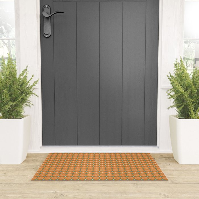 Mid Century Modern Atomic Dots and Stars Retro Pattern in Mossy Sage Olive Green Orange Beige Small Welcome Mat Gallery Image 3