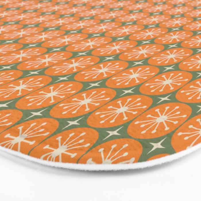 Mid Century Modern Atomic Dots and Stars Retro Pattern in Mossy Sage Olive Green Orange Beige Small Bath Mat Gallery Image 3