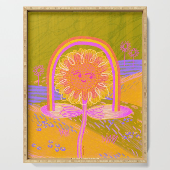 Retro Sunflower & Rainbow in Green & Pink Serving Tray Gallery Image 1