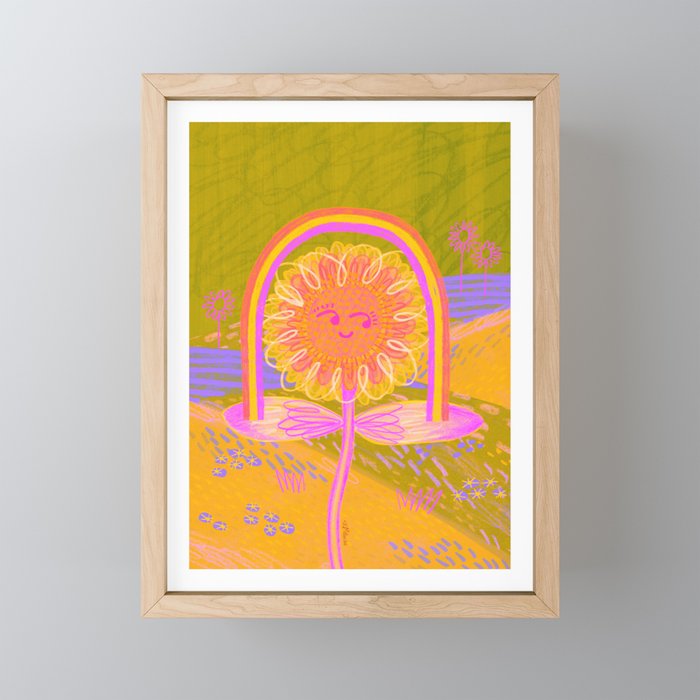 Retro Sunflower & Rainbow in Green & Pink Mini Art Print Gallery Image 1