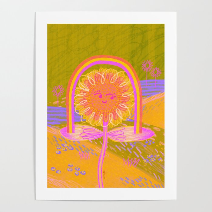 Retro Sunflower & Rainbow in Green & Pink Poster Gallery Image 1
