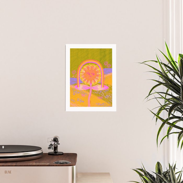Retro Sunflower & Rainbow in Green & Pink Poster Gallery Image 2