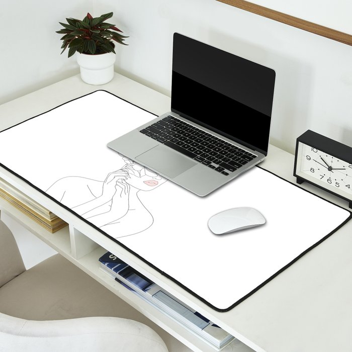Minimal Line Art Woman with Magnolia Desk Mat Gallery Image 2