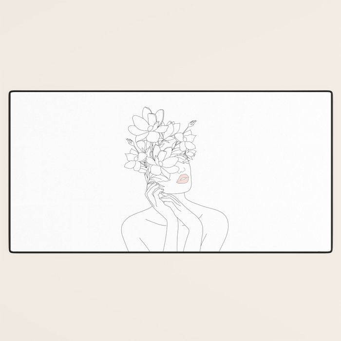 Minimal Line Art Woman with Magnolia Desk Mat Gallery Image 3