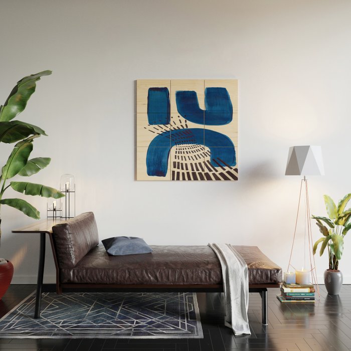 Colorful Mid Century Modern Abstract Fun Shapes Patterns Navy Blue Abstract Expressionism Wood Wall Art Gallery Image 2
