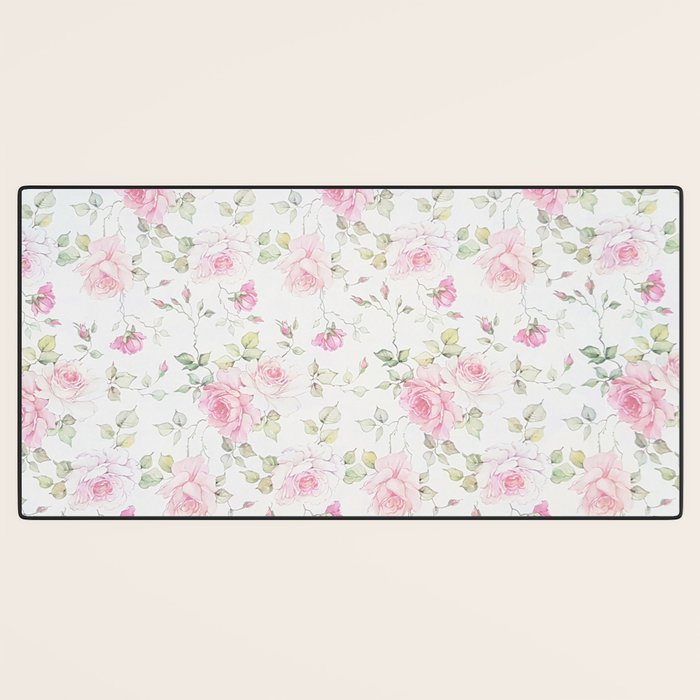 Elegant blush pink white vintage rose floral Desk Mat Gallery Image 3