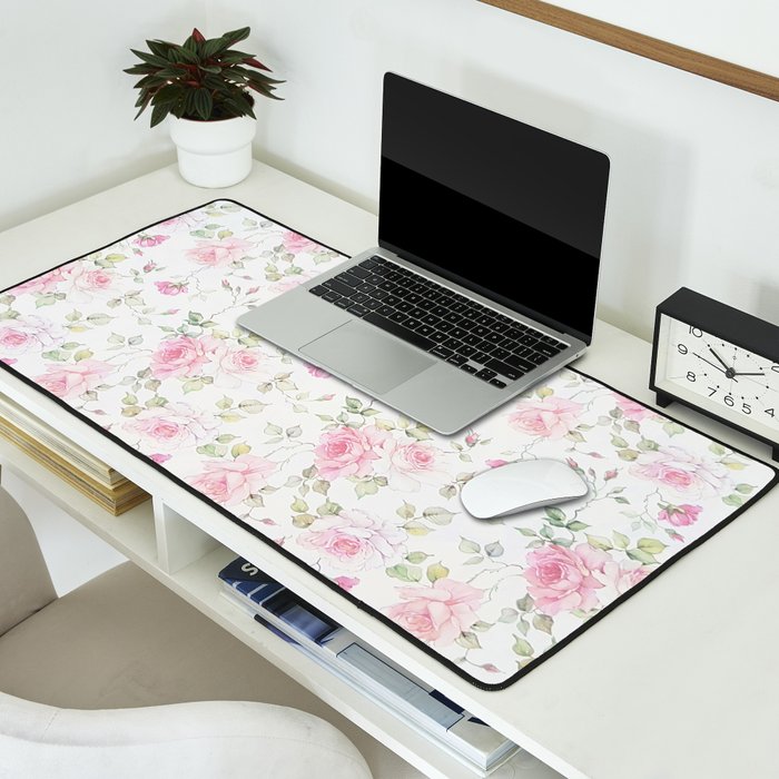 Elegant blush pink white vintage rose floral Desk Mat Gallery Image 2