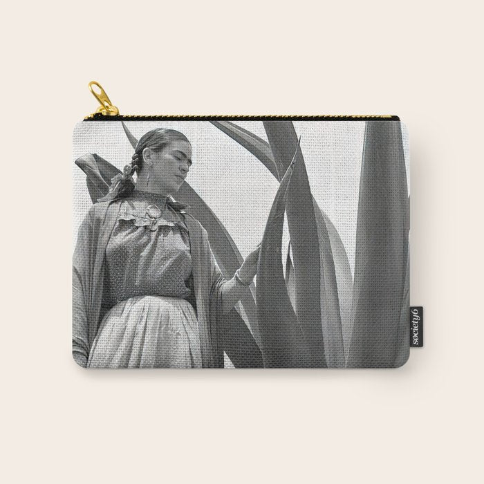 Frida Kahlo and Agave Plant, Black and White, Vintage Art Carry All Pouch Gallery Image 1