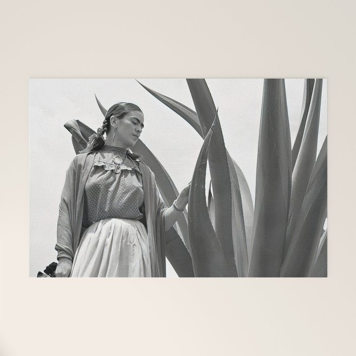 Frida Kahlo and Agave Plant, Black and White, Vintage Art Welcome Mat Gallery Image 1