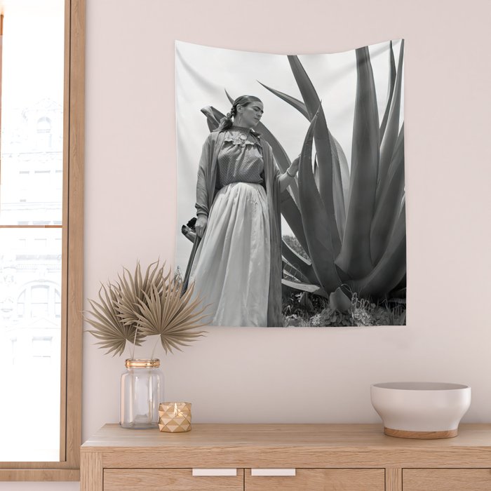 Frida Kahlo and Agave Plant, Black and White, Vintage Art Wall Tapestry Gallery Image 2