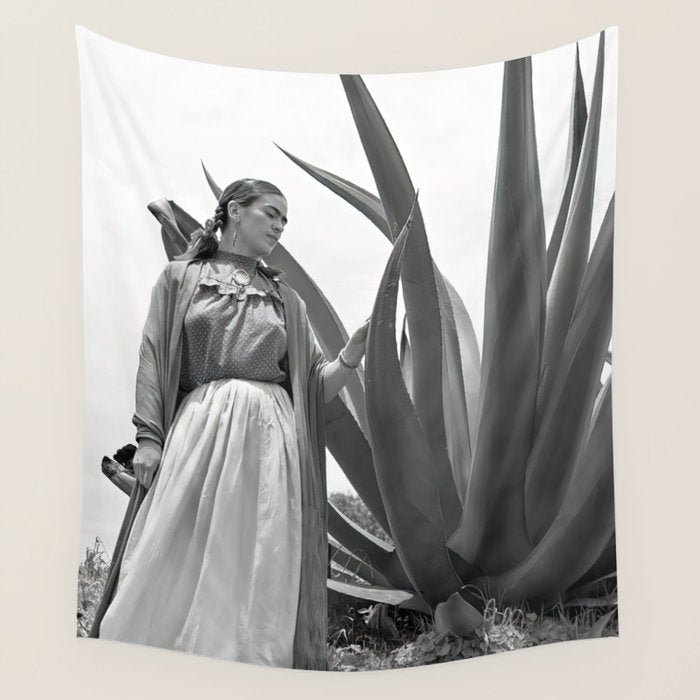 Frida Kahlo and Agave Plant, Black and White, Vintage Art Wall Tapestry Gallery Image 1