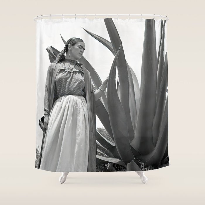 Frida Kahlo and Agave Plant, Black and White, Vintage Art Shower Curtain Gallery Image 1