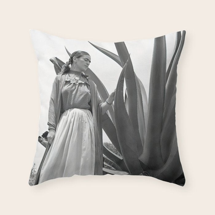 Frida Kahlo and Agave Plant, Black and White, Vintage Art Throw Pillow Gallery Image 1