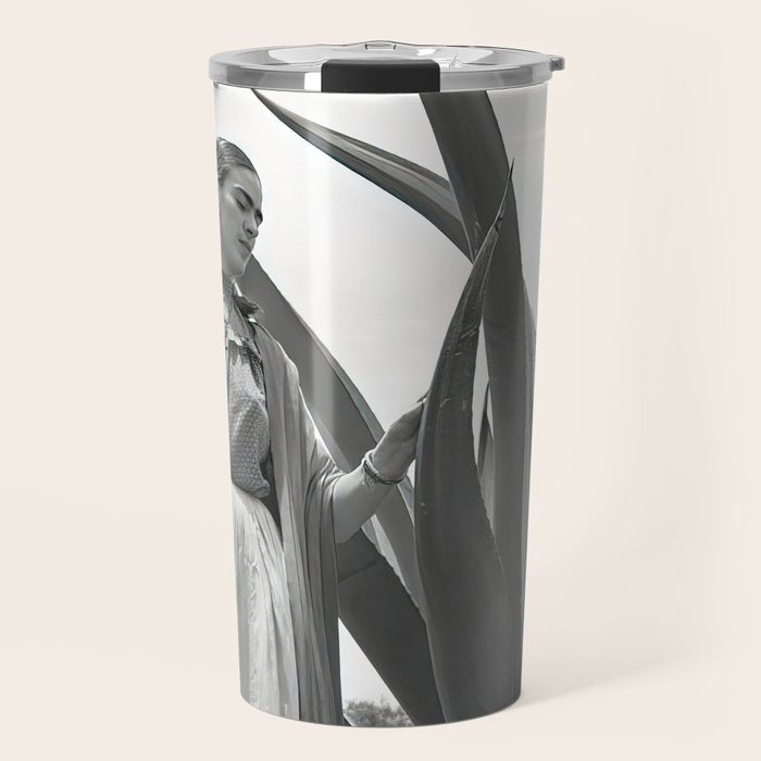 Frida Kahlo and Agave Plant, Black and White, Vintage Art Travel Mug Gallery Image 1