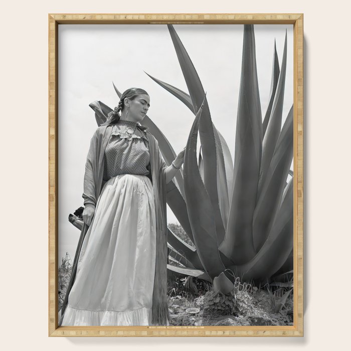 Frida Kahlo and Agave Plant, Black and White, Vintage Art Serving Tray Gallery Image 1