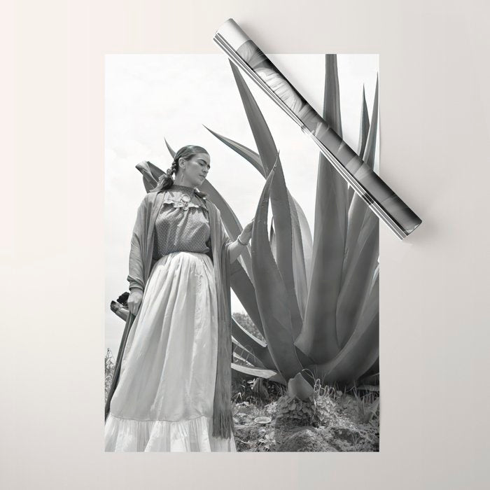 Frida Kahlo and Agave Plant, Black and White, Vintage Art Wrapping Paper Gallery Image 1