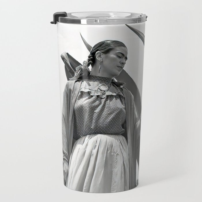 Frida Kahlo and Agave Plant, Black and White, Vintage Art Travel Mug Gallery Image 3