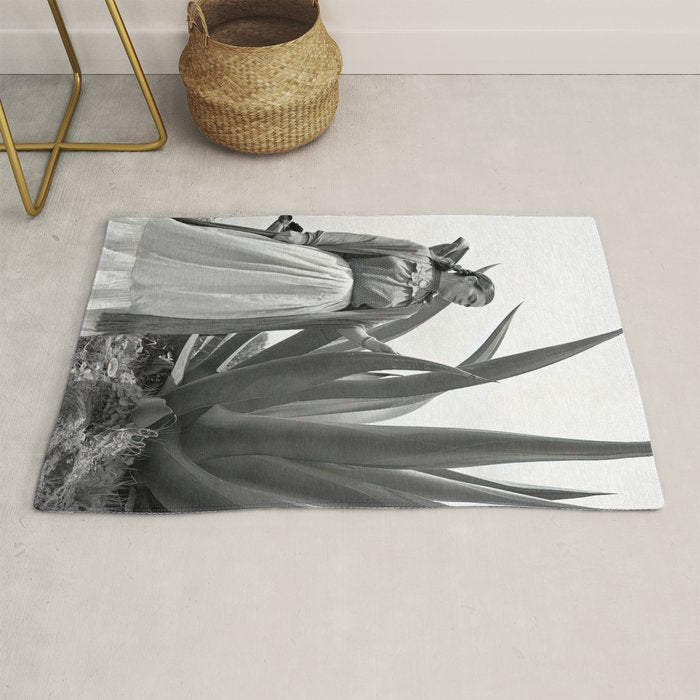 Frida Kahlo and Agave Plant, Black and White, Vintage Art Rug Gallery Image 1