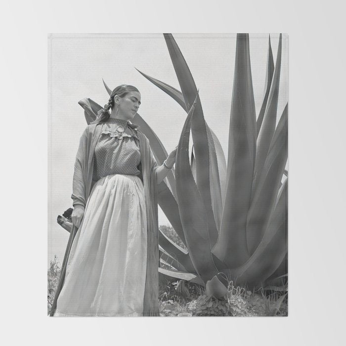 Frida Kahlo and Agave Plant, Black and White, Vintage Art Throw Blanket Gallery Image 2