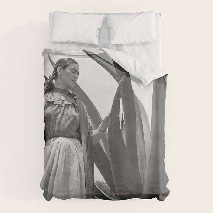 Frida Kahlo and Agave Plant, Black and White, Vintage Art Duvet Cover Gallery Image 1