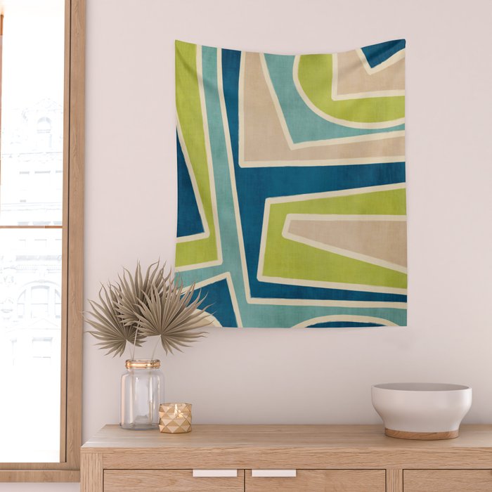 Navy Beige Apple Green White Artwork Wall Tapestry Gallery Image 2