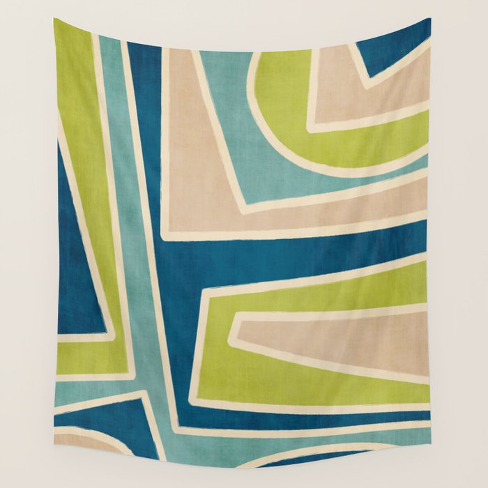 Navy Beige Apple Green White Artwork Wall Tapestry Gallery Image 1