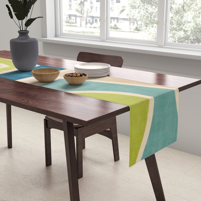 Navy Beige Apple Green White Artwork Table Runner Gallery Image 2