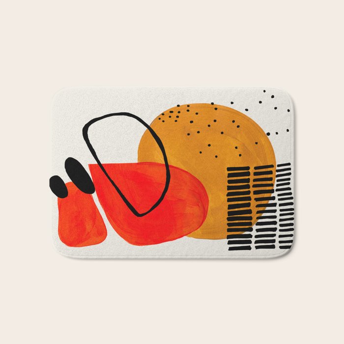 Mid Century Modern Abstract Colorful Art Yellow Ball Orange Shapes Orbit Black Pattern Bath Mat Gallery Image 1