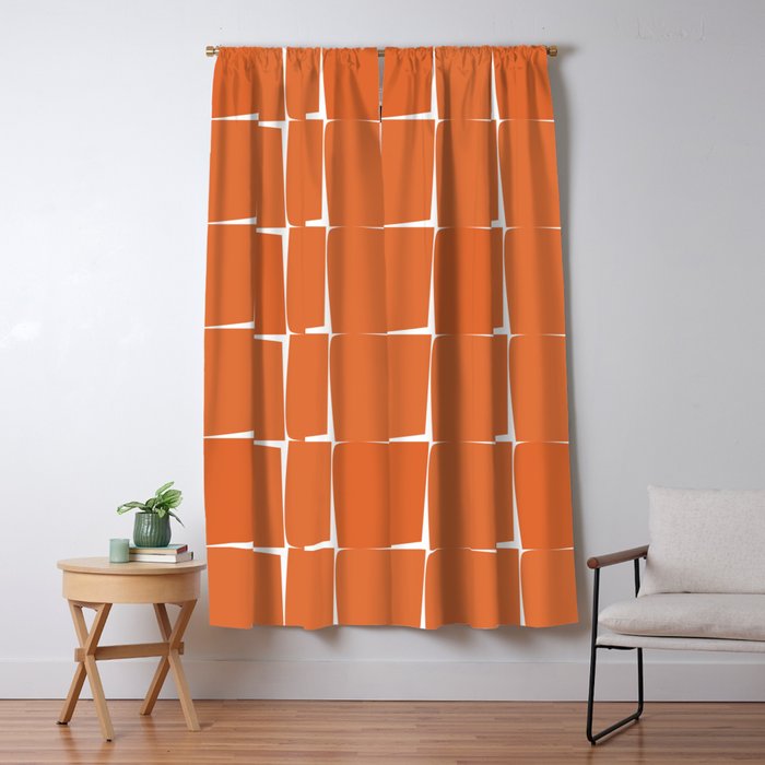 Midcentury Modern Flux Check Grid Pattern in Burnt Orange Tones on White Window Curtain Gallery Image 5