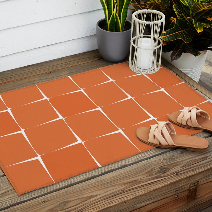Midcentury Modern Flux Check Grid Pattern in Burnt Orange Tones on White Outdoor Rug Gallery Image 2