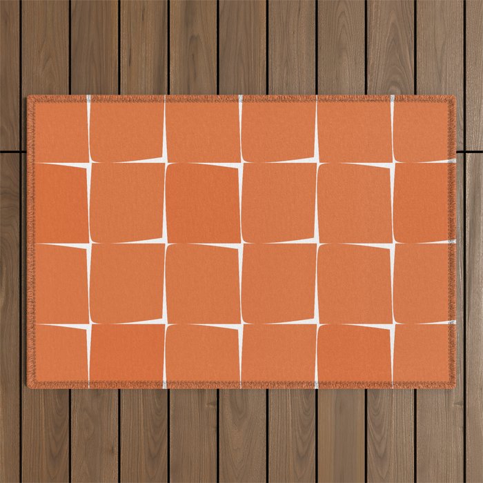 Midcentury Modern Flux Check Grid Pattern in Burnt Orange Tones on White Outdoor Rug Gallery Image 1