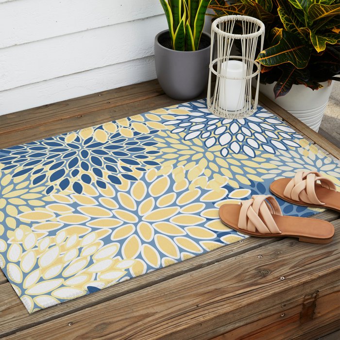 Modern, Flowers Print, Yellow, Blue and White Outdoor Rug Gallery Image 2
