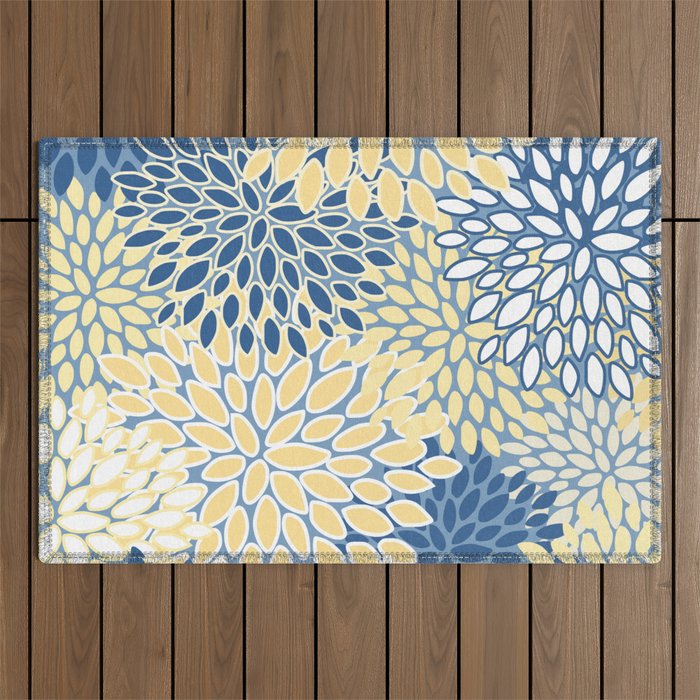 Modern, Flowers Print, Yellow, Blue and White Outdoor Rug Gallery Image 1