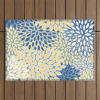 Modern, Flowers Print, Yellow, Blue and White Outdoor Rug Gallery Image 1