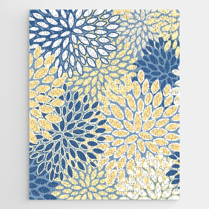 Modern, Flowers Print, Yellow, Blue and White Jigsaw Puzzle Gallery Image 1
