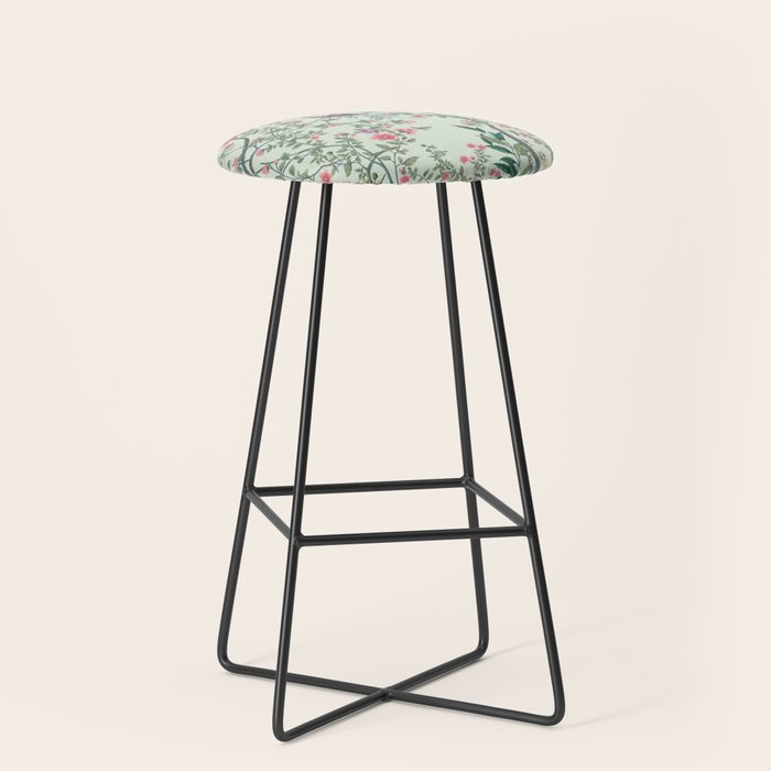 Chinoiserie Mint Green Pastel Fresco Floral Garden Birds Oriental Botanical Stool Gallery Image 1