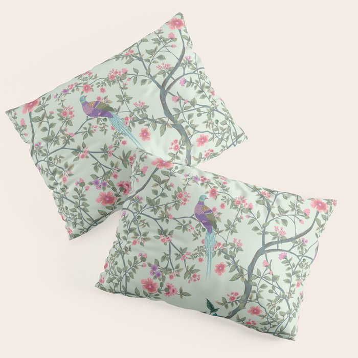 Chinoiserie Mint Green Pastel Fresco Floral Garden Birds Oriental Botanical Pillow Sham Gallery Image 3
