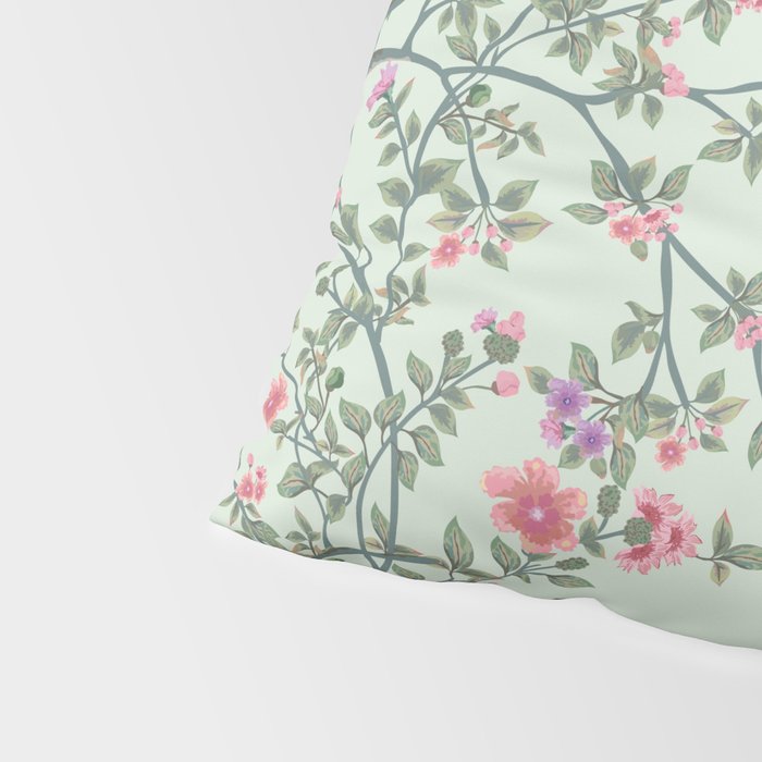 Chinoiserie Mint Green Pastel Fresco Floral Garden Birds Oriental Botanical Pillow Sham Gallery Image 4