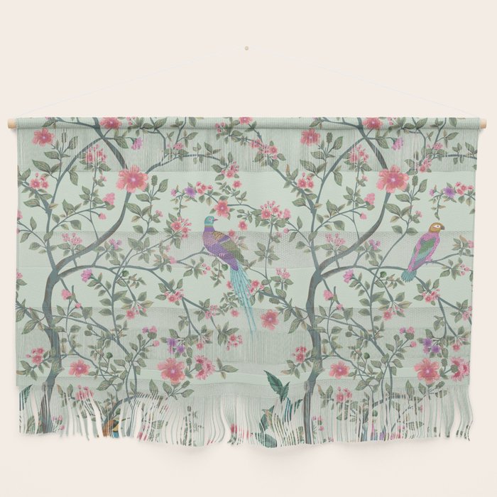 Chinoiserie Mint Green Pastel Fresco Floral Garden Birds Oriental Botanical Wall Hanging Gallery Image 1