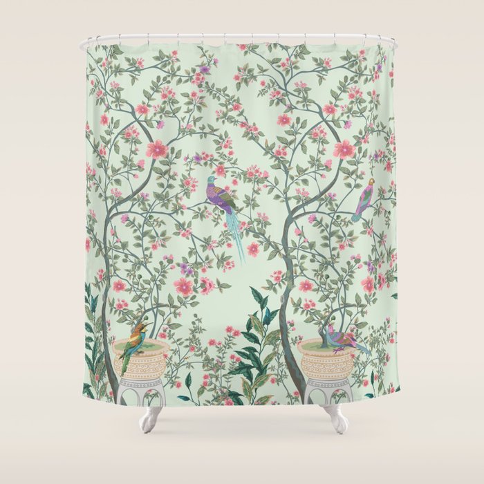 Chinoiserie Mint Green Pastel Fresco Floral Garden Birds Oriental Botanical Shower Curtain Gallery Image 1