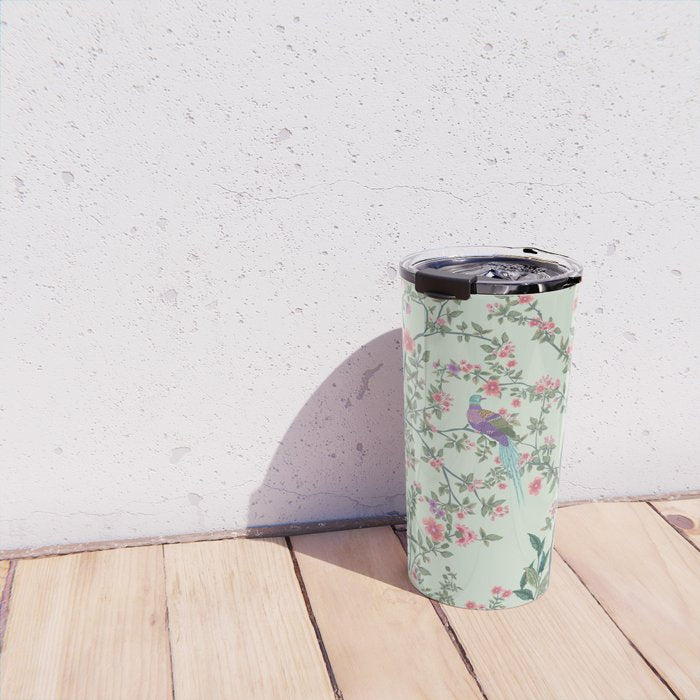 Chinoiserie Mint Green Pastel Fresco Floral Garden Birds Oriental Botanical Travel Mug Gallery Image 4