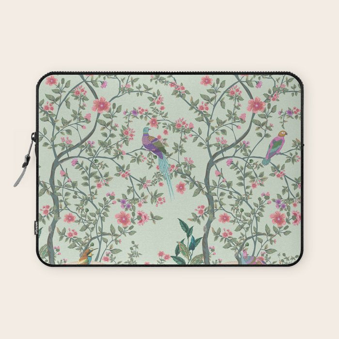 Chinoiserie Mint Green Pastel Fresco Floral Garden Birds Oriental Botanical Laptop Sleeve Gallery Image 1