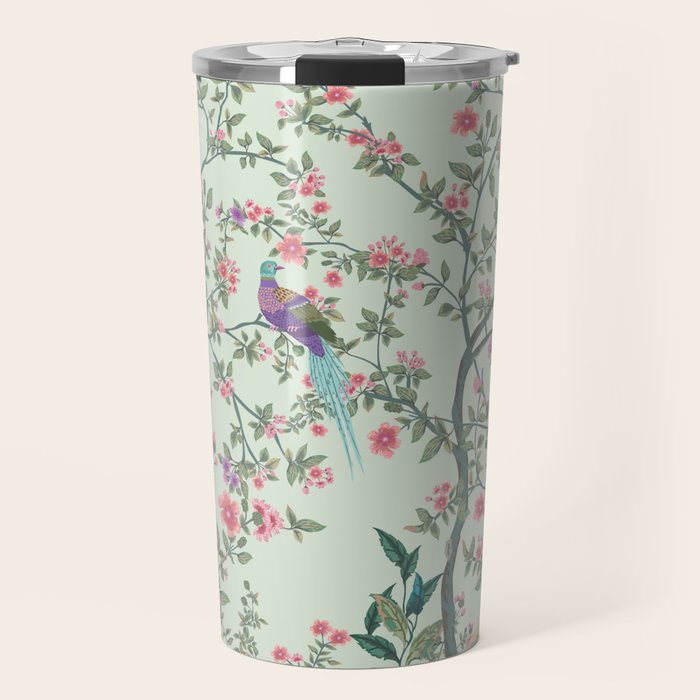 Chinoiserie Mint Green Pastel Fresco Floral Garden Birds Oriental Botanical Travel Mug Gallery Image 1