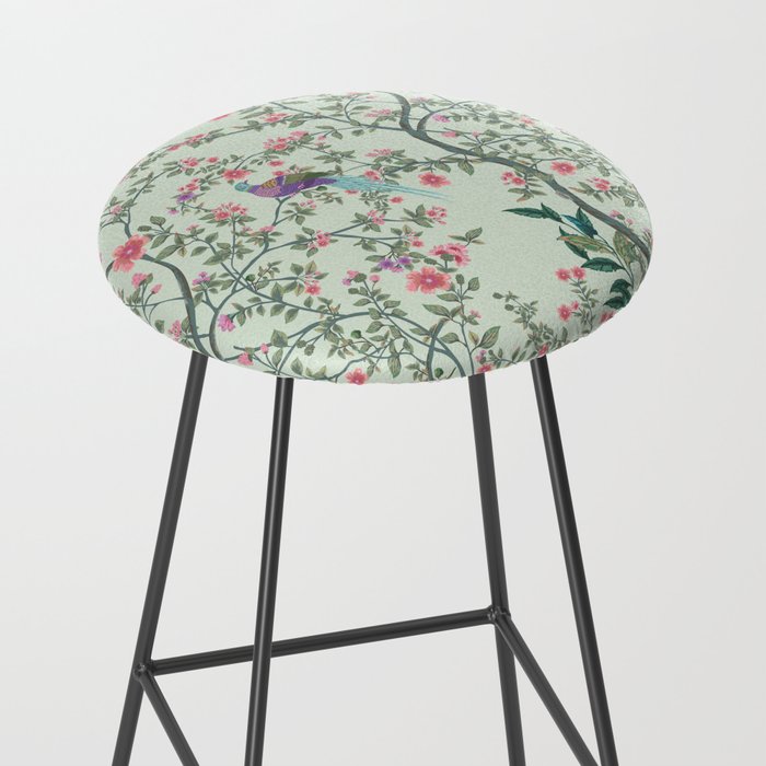 Chinoiserie Mint Green Pastel Fresco Floral Garden Birds Oriental Botanical Stool Gallery Image 2