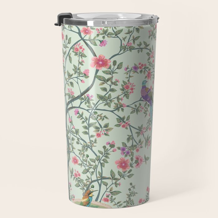 Chinoiserie Mint Green Pastel Fresco Floral Garden Birds Oriental Botanical Travel Mug Gallery Image 3