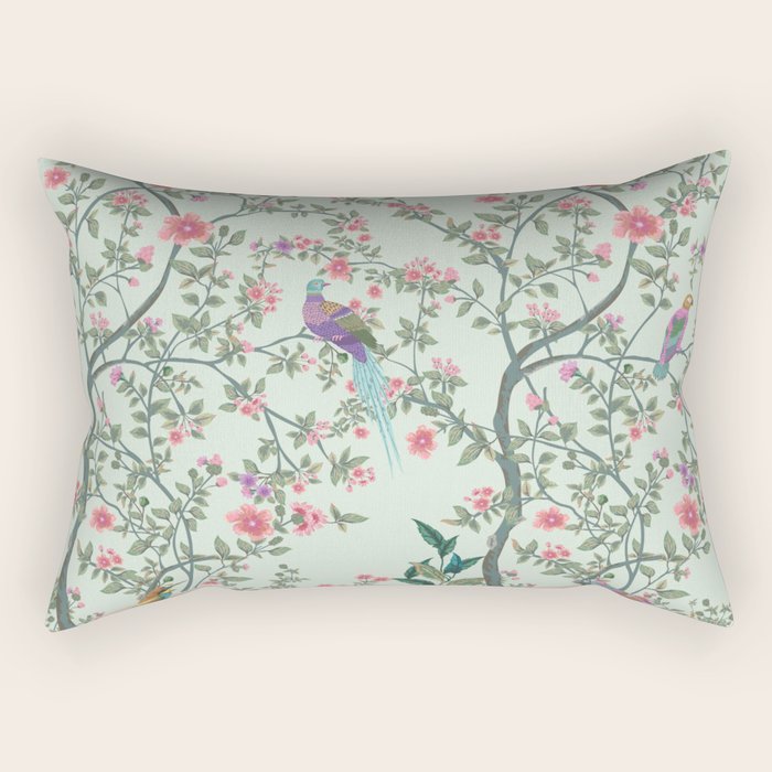 Chinoiserie Mint Green Pastel Fresco Floral Garden Birds Oriental Botanical Rectangular Pillow Gallery Image 2